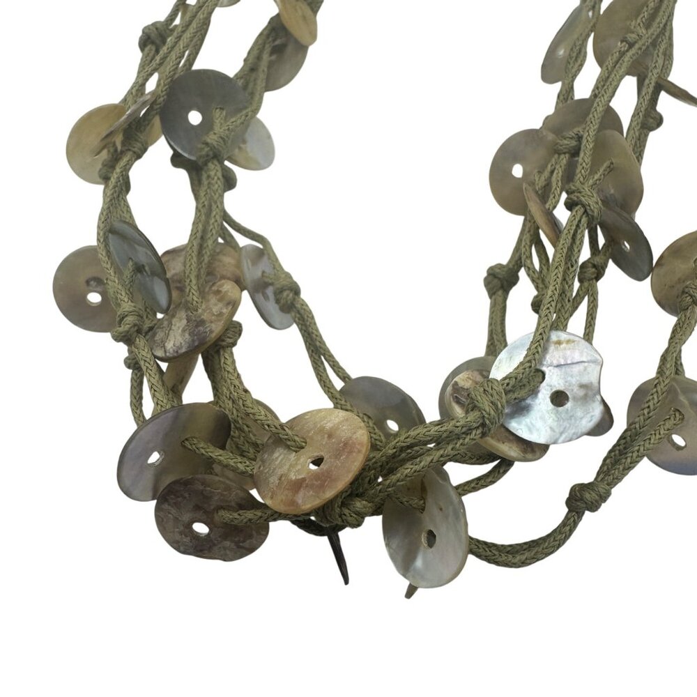 Shell Disc Charm Olive Green Multi Strand Statement Necklace Adjustable Closure - Picture 2 of 4